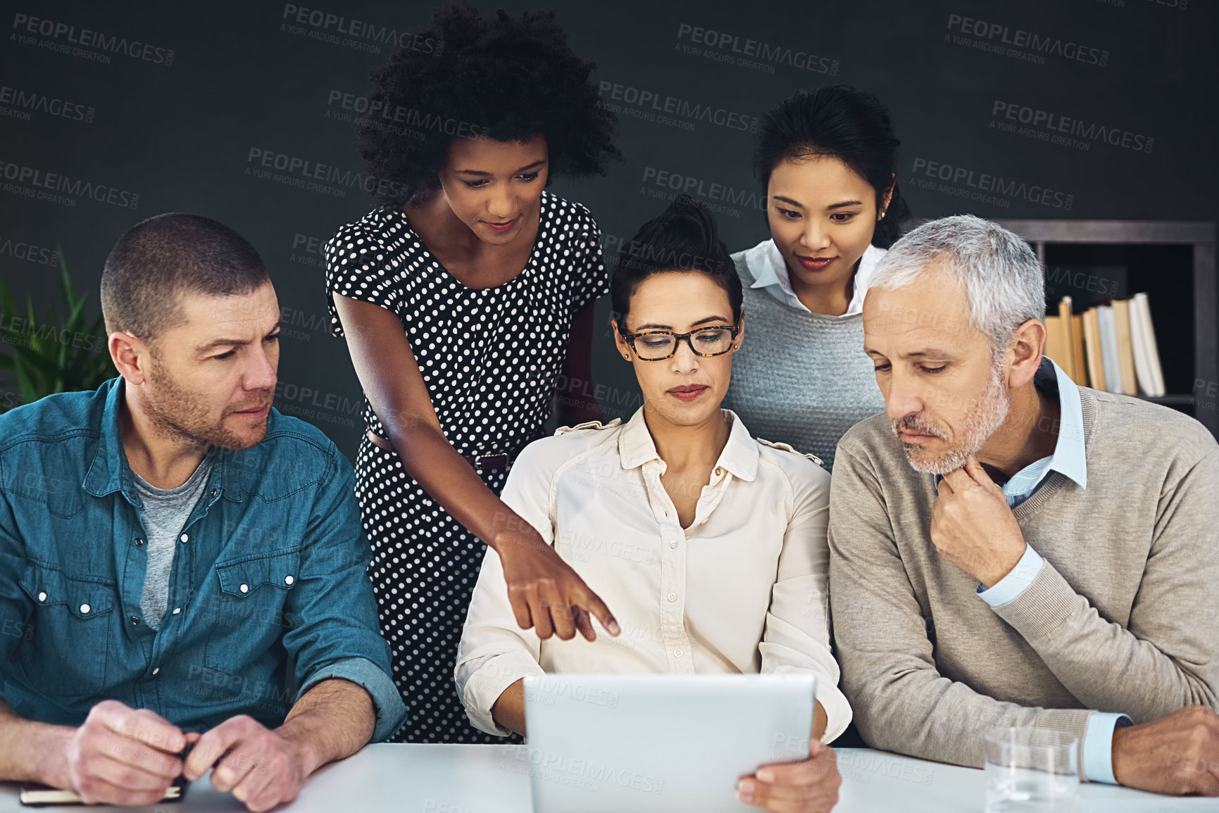 Buy stock photo Diversity, teamwork and tablet in modern office for business meeting, project and brainstorming. Collaboration, discussion and planning for start up company with technology for research and idea