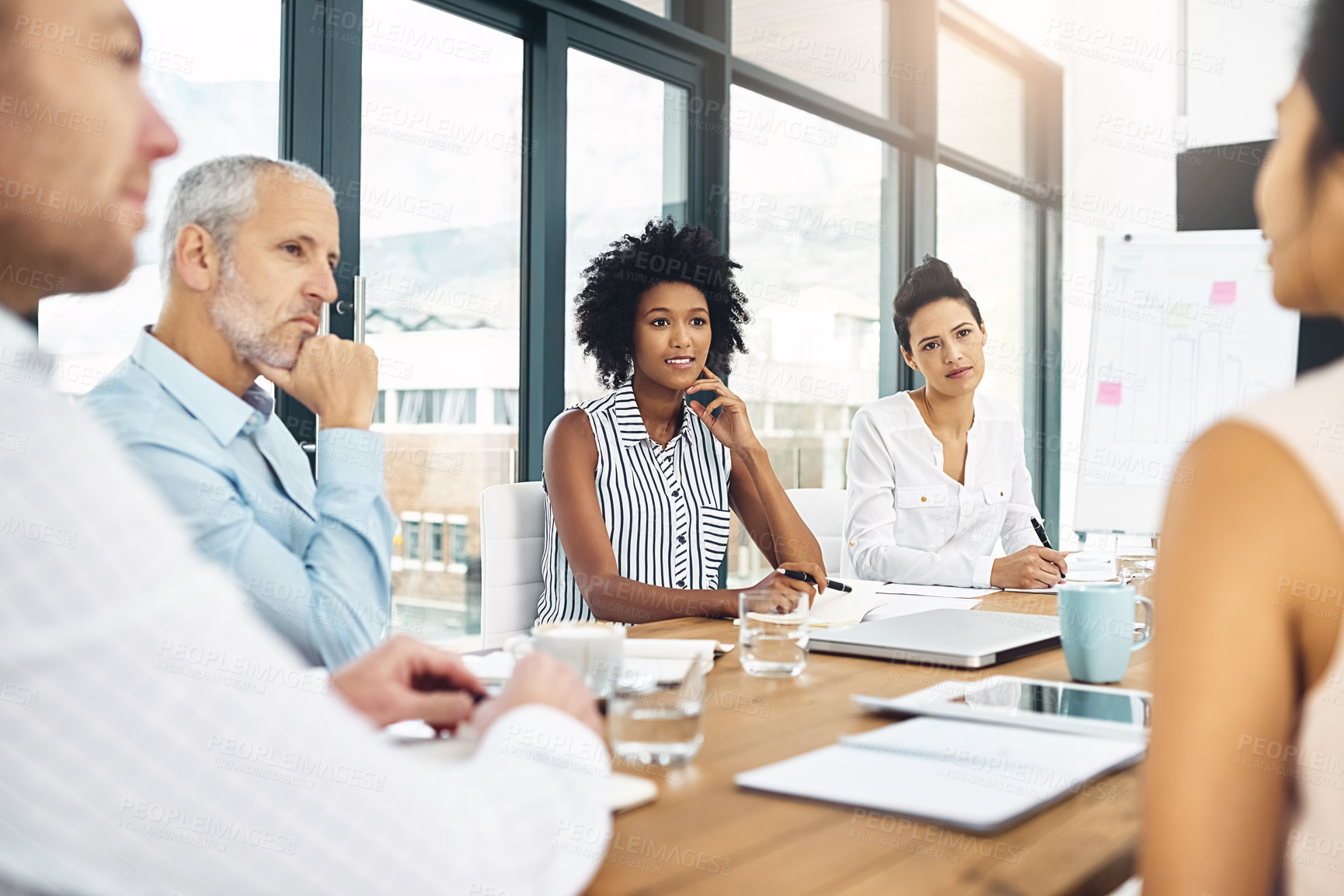 Buy stock photo Meeting, corporate and business people in office with documents for stock market research project. Discussion, collaboration and team of financial advisors with paperwork for company budget plan.