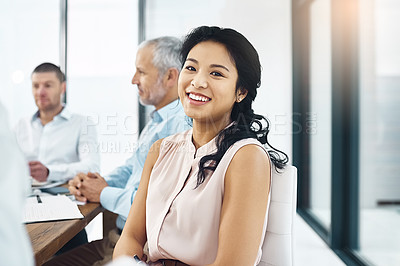 Buy stock photo Accountant, portrait and meeting for conference at table, finance and corporate for budget.Business woman, financial advisor and collaboration for company growth, planning and teamwork for report