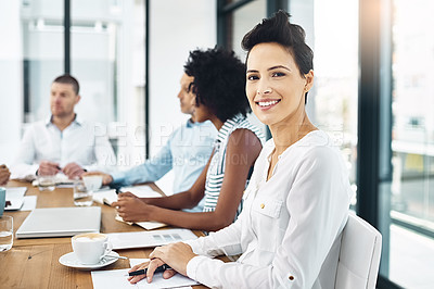 Buy stock photo Woman, portrait and business in boardroom with smile, meeting and planning for global sales. Female person, happiness and office with colleagues at table for work, collaboration or teamwork for pitch