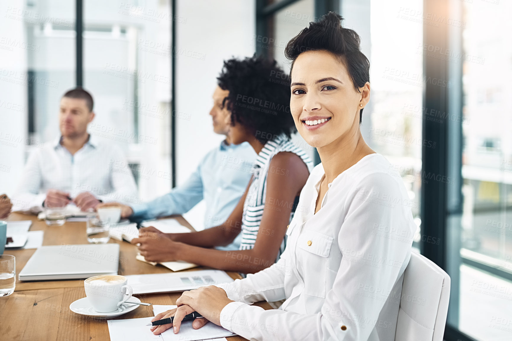 Buy stock photo Woman, portrait and business in boardroom with smile, meeting and planning for global sales. Female person, happiness and office with colleagues at table for work, collaboration or teamwork for pitch
