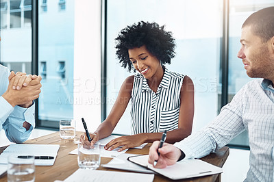 Buy stock photo Meeting, partnership and business people writing notes in office with documents for stock market research. Discussion, collaboration and financial advisors with paperwork for company budget plan.