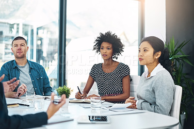 Buy stock photo Team, diversity and ideas in brainstorming with session in boardroom at office for business or startup as colleagues. Group, collaboration and meeting for company with notebook, paperwork and writing
