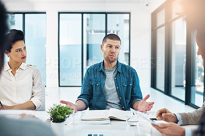 Buy stock photo Team, planning and ideas in brainstorming with session in boardroom at office for business or startup as colleagues. Group, collaboration and meeting for company with notebook, listening and talking