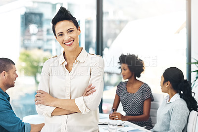 Buy stock photo Businesswoman, pride and smile in office in portrait with colleagues in boardroom for business meeting as team. Female person, confident and happy in company as project manager in publishing agency