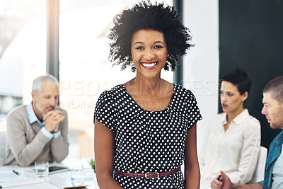 Buy stock photo Portrait, African woman and smile in modern office for collaboration, project review and meeting. Female person, happy and teamwork in workplace for internship at creative agency in New York city
