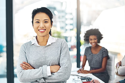 Buy stock photo Confident, businesswoman and portrait of employee in boardroom for discussion. Happy, female person and arms crossed with smile for team collaboration and support at work meeting with lens flare