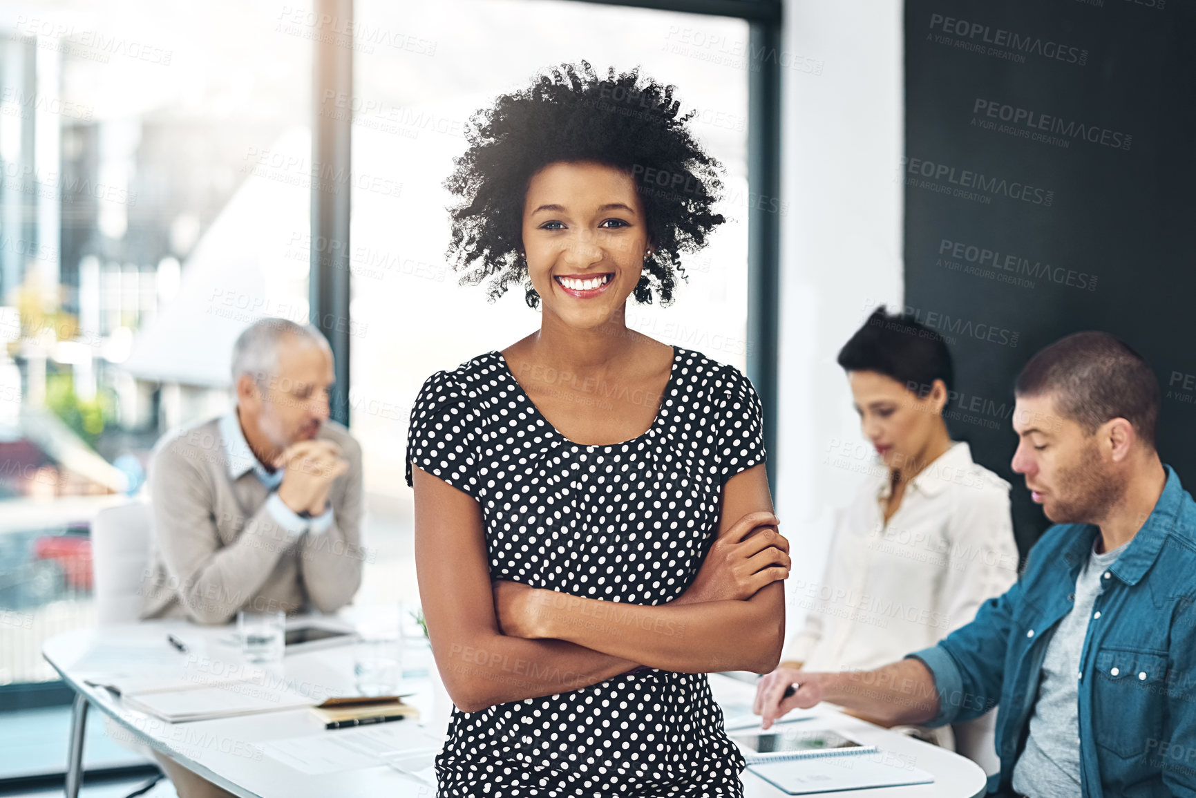 Buy stock photo Portrait, woman and smile with crossed arms in office for teamwork, project review and meeting. Female person, happiness and internship in workplace at creative agency in New York city with diversity