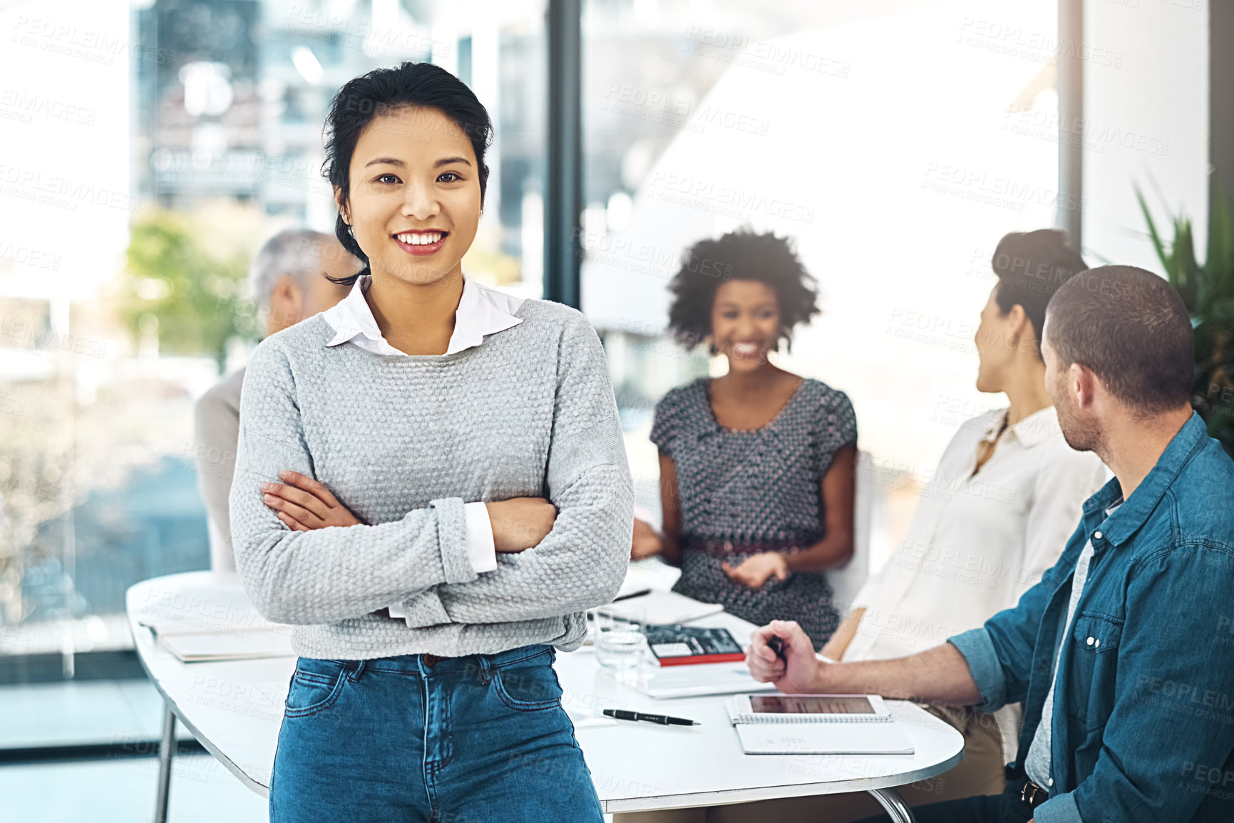 Buy stock photo Woman, manager and planning at table for finance strategy, creative and discussion. Business meeting, employee and team brainstorm for vision of company, collaboration and management for startup