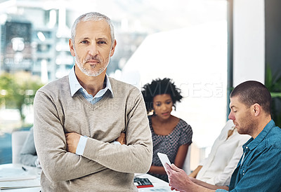 Buy stock photo Meeting, portrait and business man with arms crossed in office for teamwork, workflow support or collaboration. Startup, professional and mature person for leadership, management or confidence