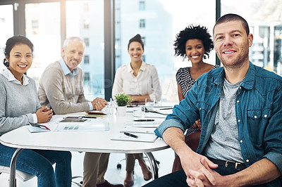 Buy stock photo Portrait, happy and group in meeting, boardroom and man, Diversity, collaboration and team building for planning, brainstorming and documents for work in office, company and coworkers or professional