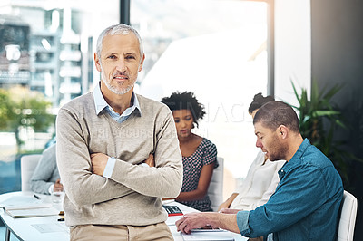 Buy stock photo Manager, portrait and businessman with arms crossed for meeting, collaboration, workflow support in office. Startup, lens flare and mature person by staff for leadership, teamwork or confidence