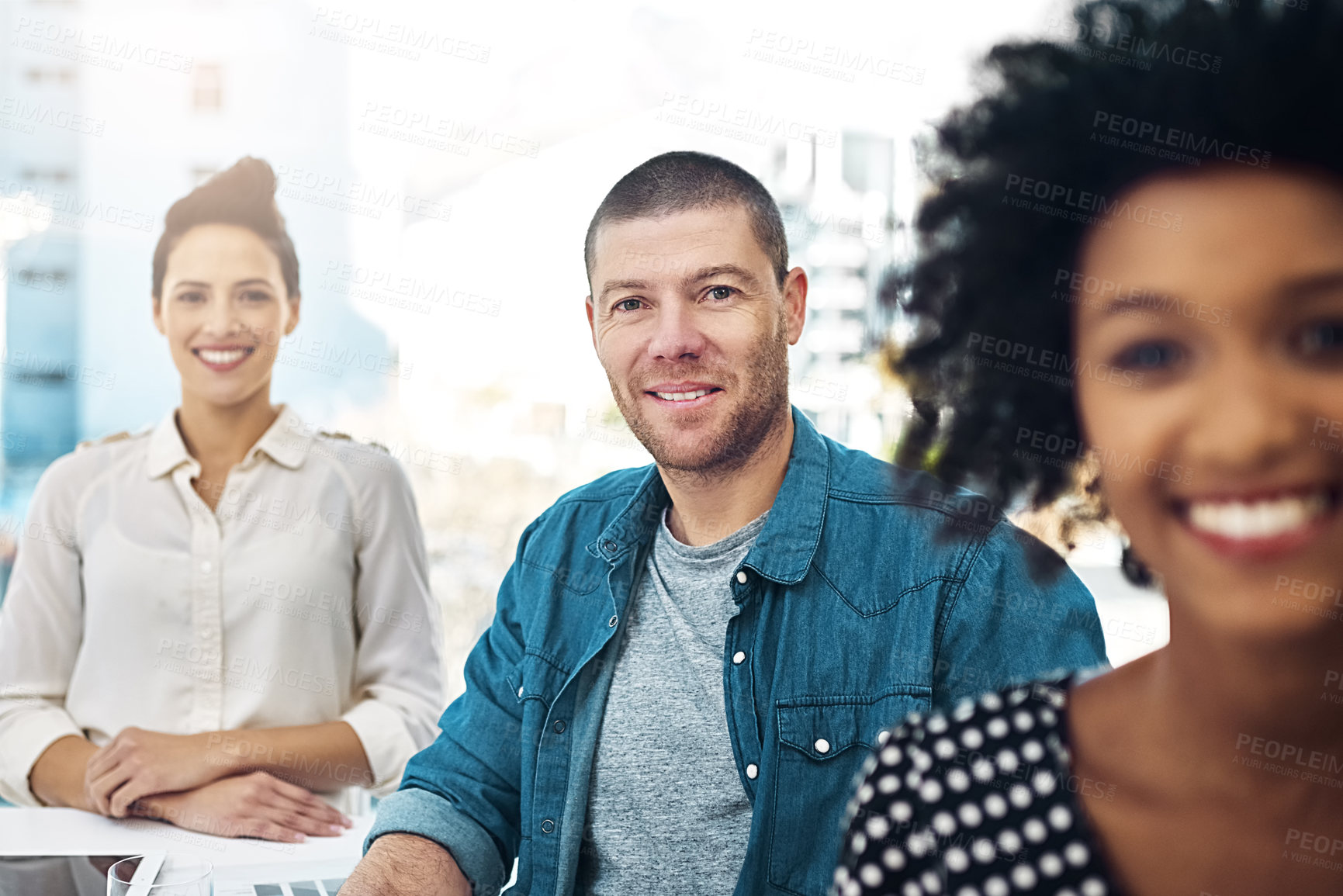 Buy stock photo Portrait, happy and man in meeting, boardroom and work diversity, collaboration and team building for planning. Brainstorming, office and coworkers or professional, company and employees in workshop