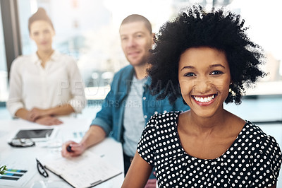 Buy stock photo Portrait, happiness and African woman in office for meeting, career and brainstorming for business. Female person, smile and pride in workplace for internship, startup company and collaboration 