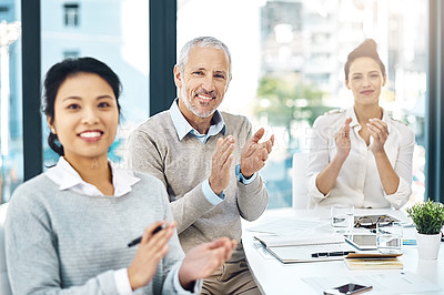 Buy stock photo Meeting, success and portrait of people in applause for support of proposal, report or presentation. Team, pride and congratulations for achievement in business review, workshop or feedback in office