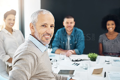 Buy stock photo Creative, people and portrait of meeting for project management with proposal, report or planning. Teamwork, collaboration and mature businessman with review, advice in workshop or feedback in office