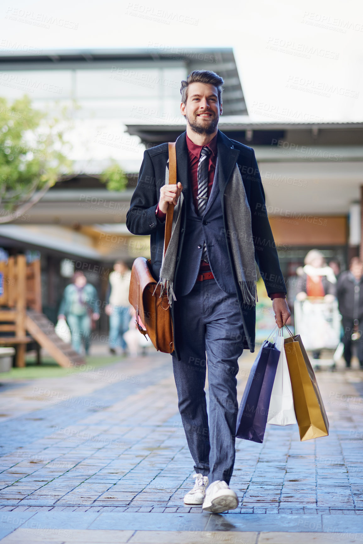 Buy stock photo Shopping, man and happy in mall for fashion, retail therapy and satisfaction in market with budget. Male person, smiling and on break from work, business or trading in center for sale, deal or luxury