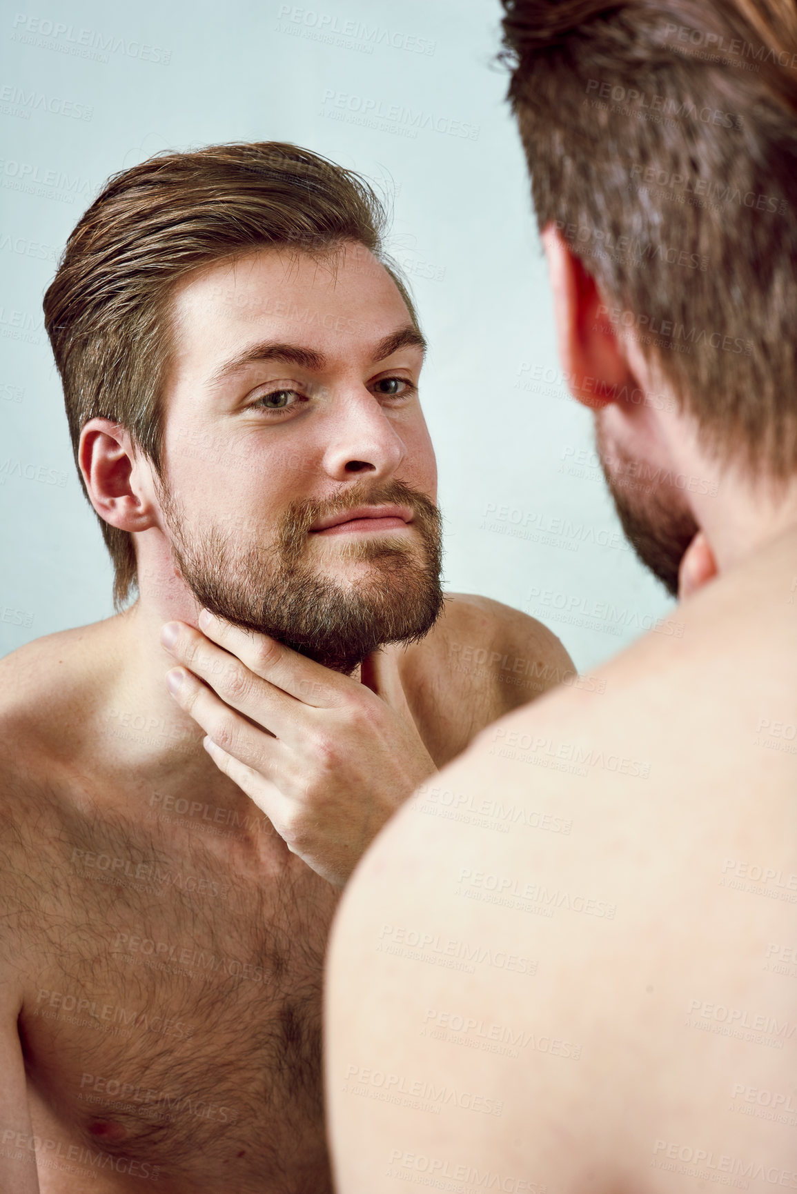 Buy stock photo Man, mirror and skincare with beard, face and skin for grooming, self care and routine with a smile. Cosmetic, dermatology and reflection or male person, wellness and happy with treatment at home