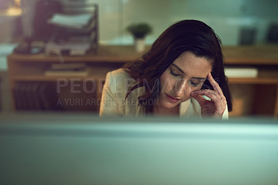 Buy stock photo Stress, computer and business woman at night working late on online project, planning and proposal report. Corporate, professional and person on PC with mistake, frustrated and headache in in office