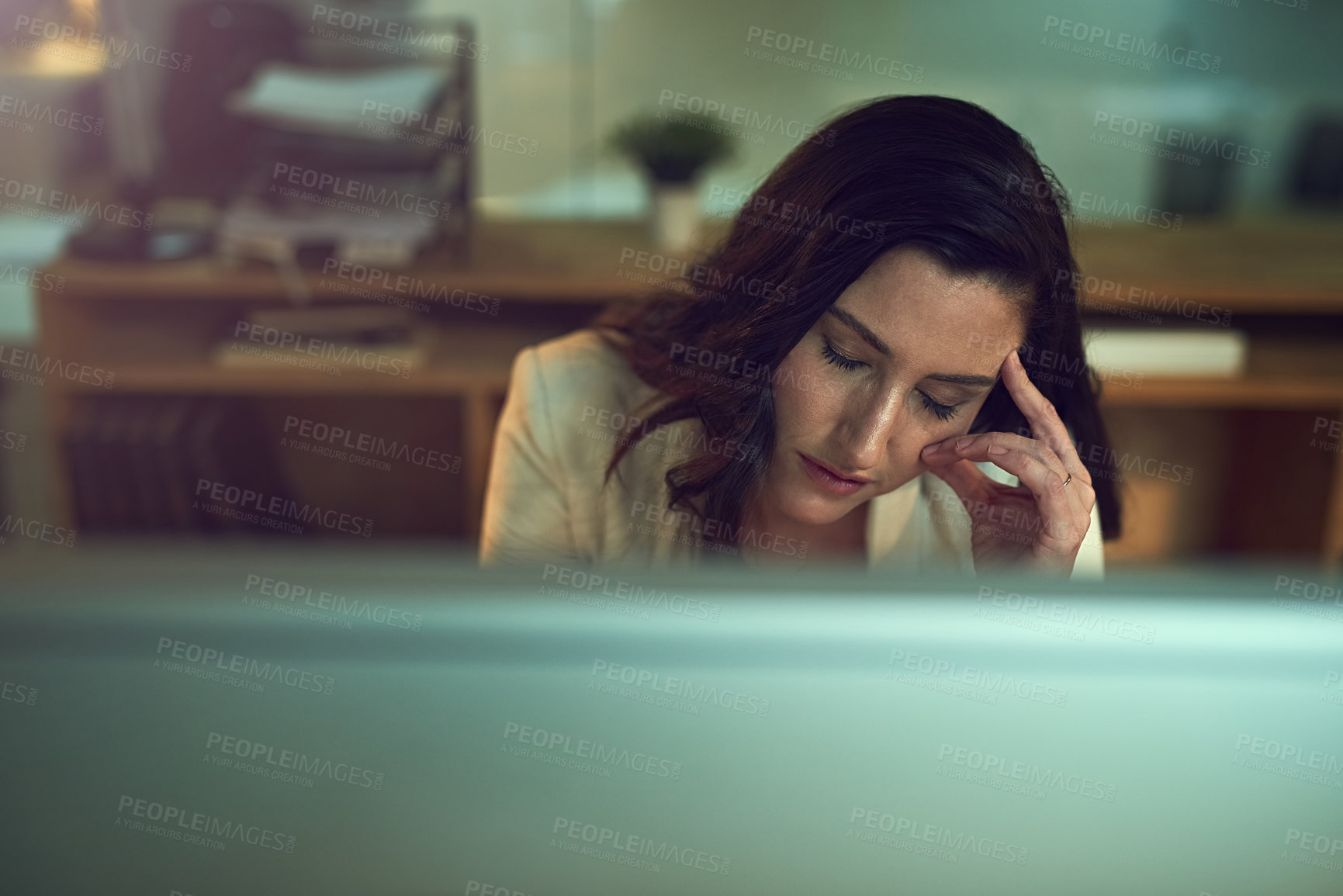 Buy stock photo Stress, computer and business woman at night working late on online project, planning and proposal report. Corporate, professional and person on PC with mistake, frustrated and headache in in office