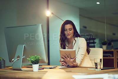 Buy stock photo Tablet, computer and business woman at night working late on online project, planning and networking. Corporate, professional and person on PC for proposal review, website and research in office