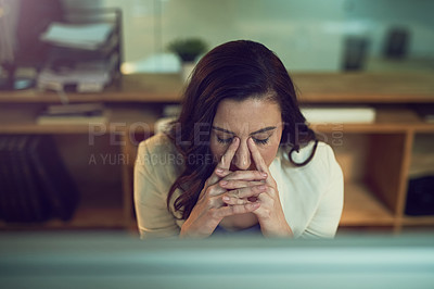 Buy stock photo Stress, computer and business woman in office, working late on online project, planning and frustrated. Corporate, professional and person on PC with mistake for proposal review, website and research