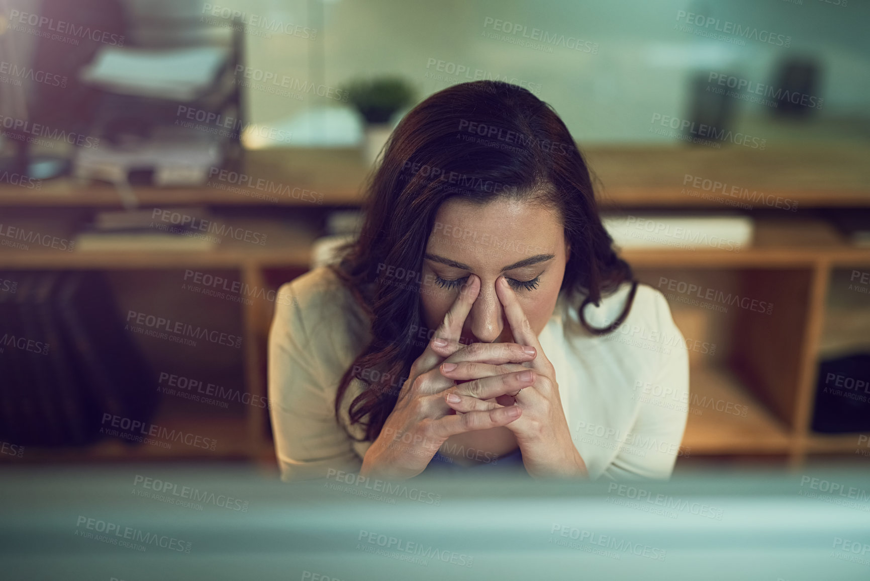 Buy stock photo Stress, computer and business woman in office, working late on online project, planning and frustrated. Corporate, professional and person on PC with mistake for proposal review, website and research