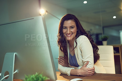 Buy stock photo Office, computer and portrait of business woman at night working on online project, planning and overtime. Corporate, professional and person on PC monitor for proposal review, website and research