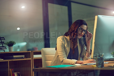 Buy stock photo Office, computer and professional woman at night working late on online project, planning and reading email. Corporate, business and person on PC monitor for proposal review, website and research