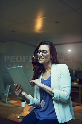 Buy stock photo Tablet, night and business woman in office for planning, schedule or researching project. Professional, digital developer and employee with technology for networking, website review or deadline