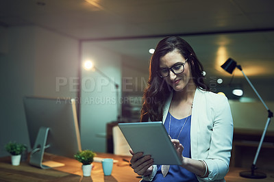 Buy stock photo Smile, night and business woman with tablet in office for planning, schedule or researching project. Professional, digital developer and employee with tech for networking, website review or online