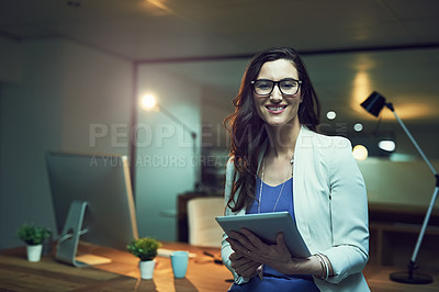 Buy stock photo Portrait, night and business woman with tablet in office for planning, schedule or researching project. Smile, digital developer and happy employee with tech for networking, website review or online