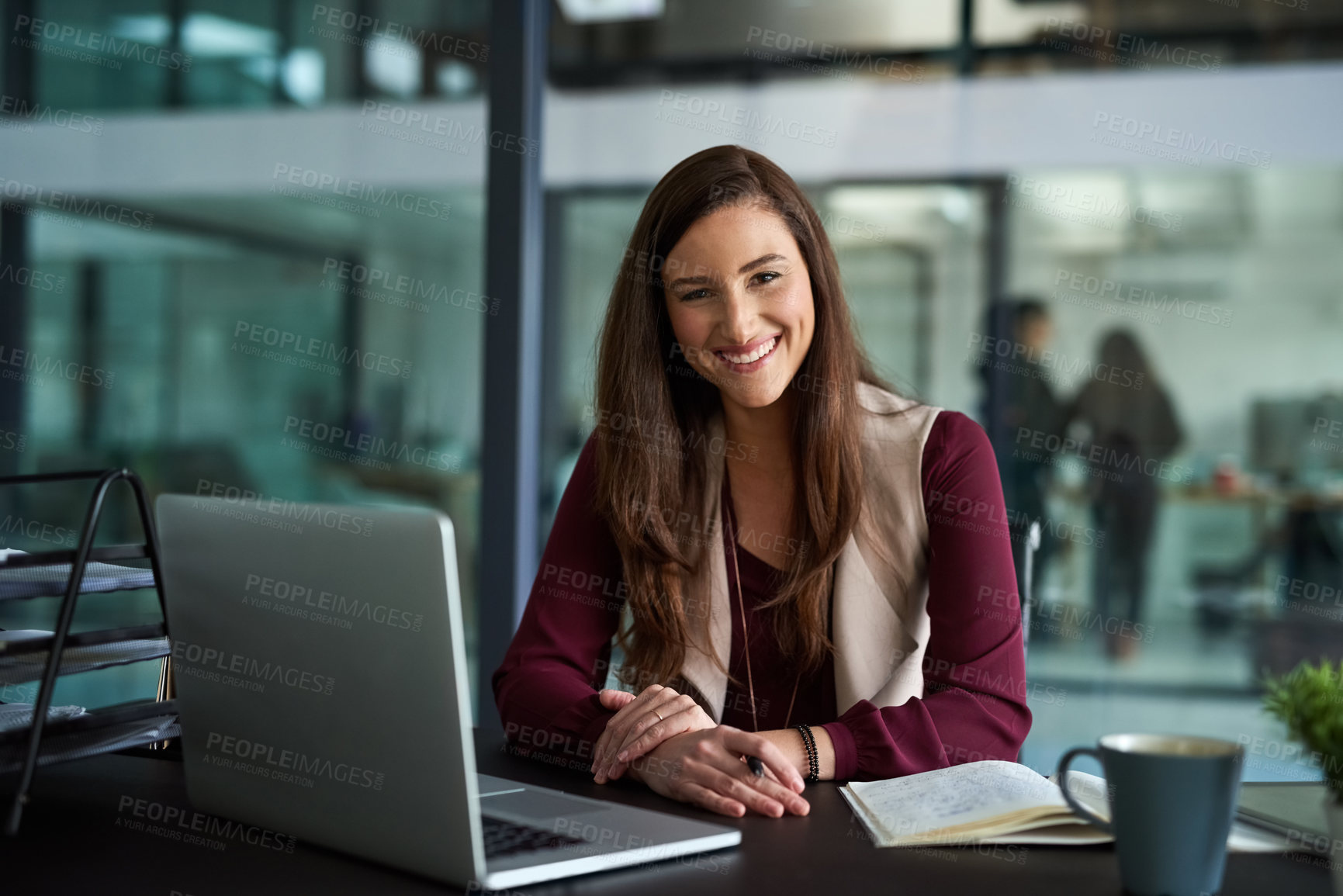 Buy stock photo Woman, laptop and portrait in office for web project, career review online and email feedback on digital report. Editor or journalist and smile with tech and diary for internet research in workspace