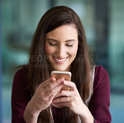 Buy stock photo Business, smartphone and happy woman or typing, text message or browsing for online social media. Connection, internet networking and communication, smile for notification  with company application 