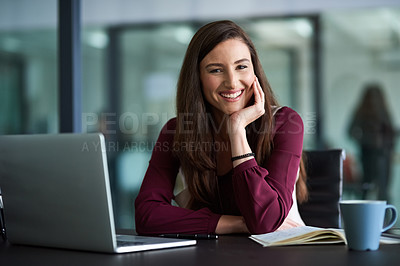 Buy stock photo Businesswoman, office or computer or book with confidence for work, consulting with tech for report. Female consultant or laptop or paper in workplace for planning, feedback for employees or staff