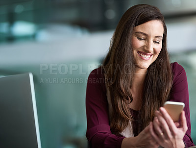 Buy stock photo Business, smartphone and happy woman in office, text message or browsing for online social media. Connection, internet networking and communication, smile for notification  with company application