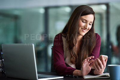 Buy stock photo Business, smartphone and woman with laptop in office, text message or browsing for online social media. Connection, networking and communication, smile for notification and browse on company website