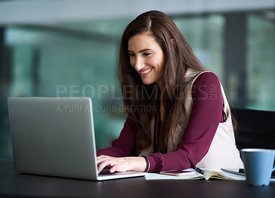 Buy stock photo Business, laptop and happy or work woman, responding to email or browsing online with social media. Connection, internet networking and communication, technology with company application for job