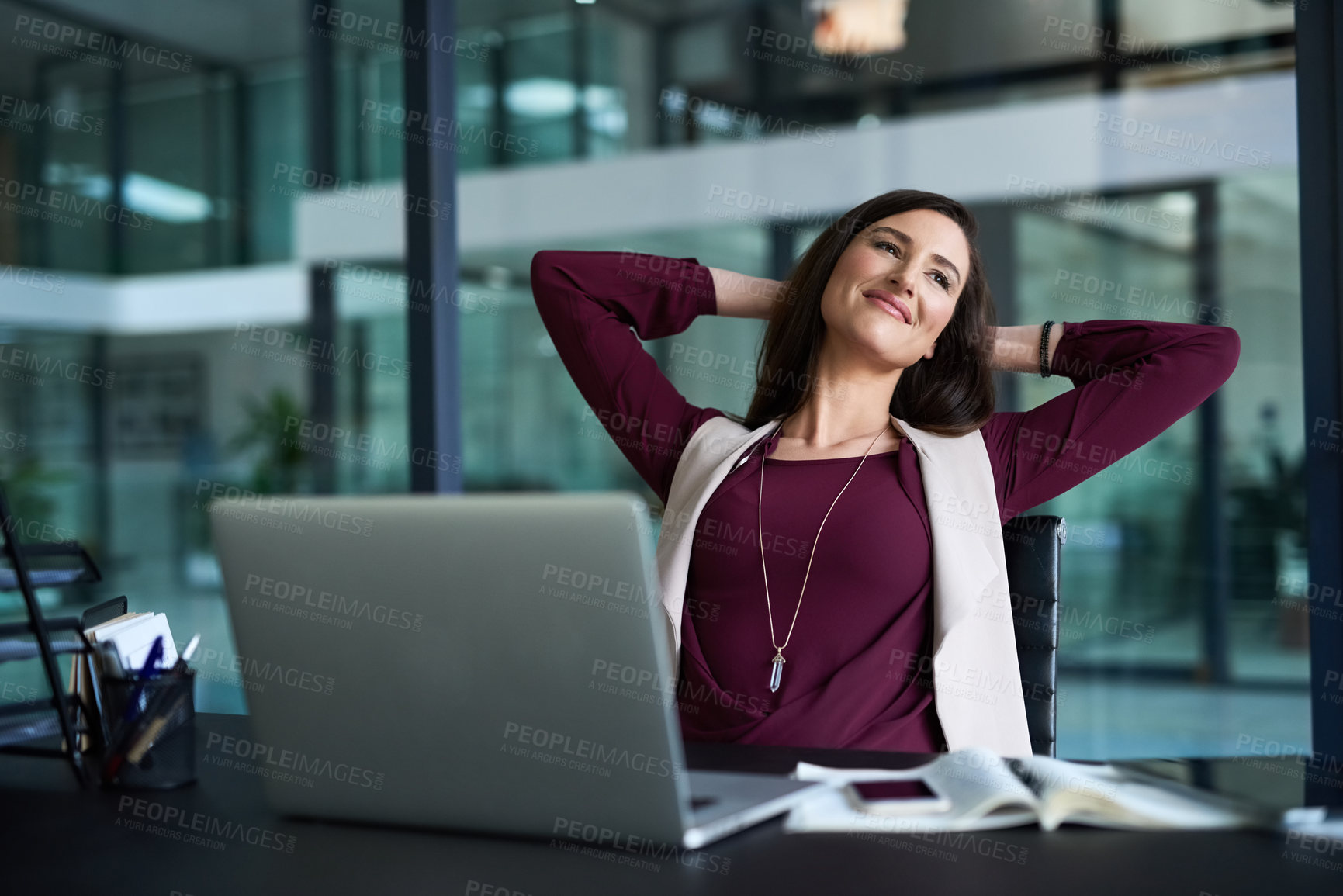 Buy stock photo Smile, woman and relax with laptop in office for peace, time management and good work balance. Journalist, editor and person with technology for article research, break and stress relief by desk