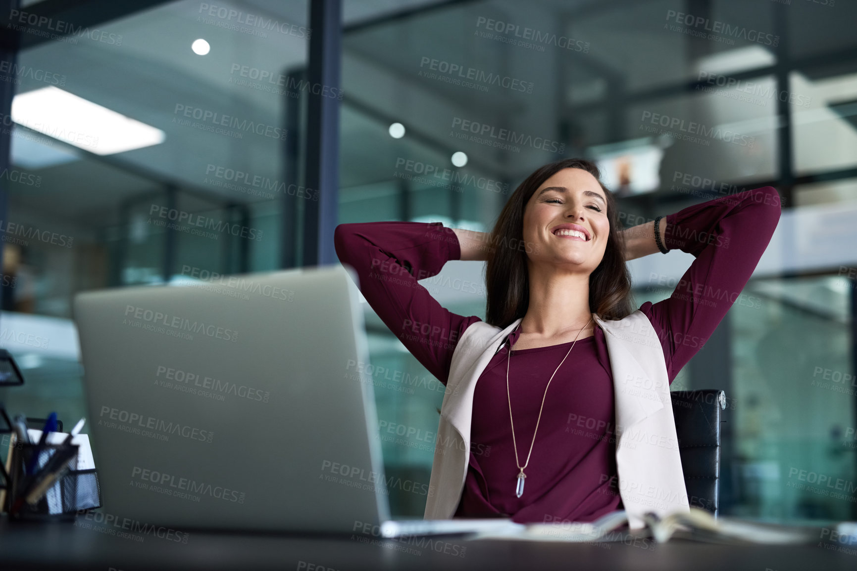 Buy stock photo Table, relax and woman with laptop in office for time management, break and good work balance. Editor, journalist and zen person with technology for productivity, peace and pride in article research