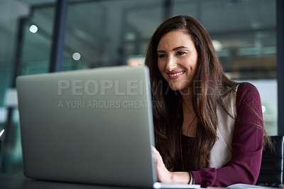 Buy stock photo Woman, office and research on laptop with smile for information with pride, confident and satisfied on career growth. Female person, employee and happy in desk at work or communication as hr manager