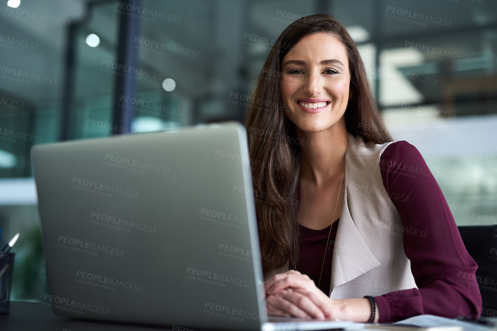 Buy stock photo Happy businesswoman and portrait with laptop for work, email and connection. Female employee, computer and technology for consulting or typing corporate startup company project with office background