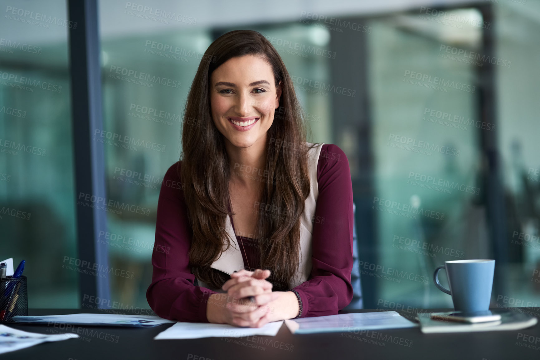 Buy stock photo Portrait, confident and businesswoman in office by desk with document for planning, solutions and ideas for startup company. Happy, female person and paper for information on creative decisions