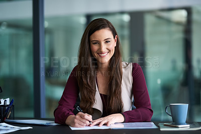 Buy stock photo Portrait, woman and notes in office for admin, brainstorming and planning schedule for internship. Happiness, documents and girl writing at desk for paperwork, project and business report for company