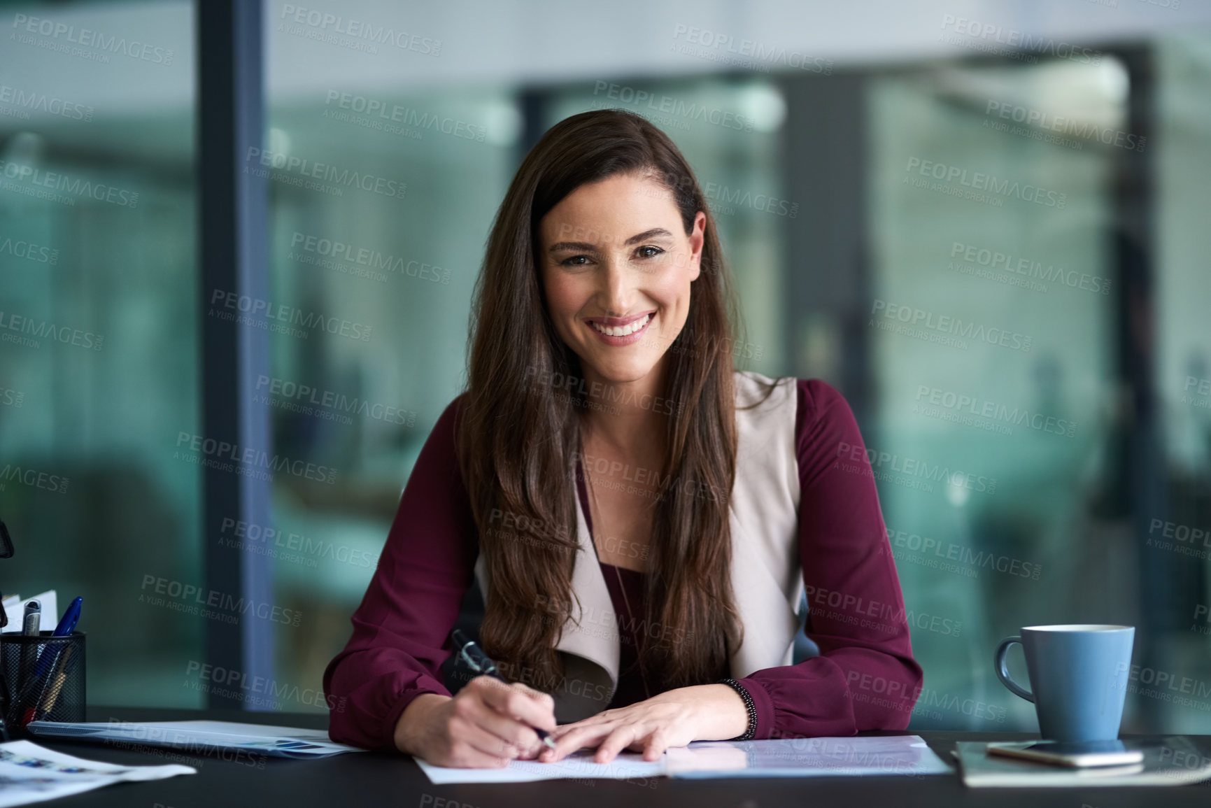 Buy stock photo Portrait, woman and notes in office for admin, brainstorming and planning schedule for internship. Happiness, documents and girl writing at desk for paperwork, project and business report for company