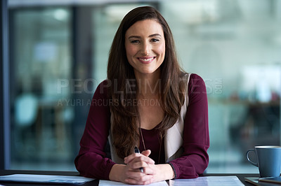 Buy stock photo Portrait, happy and businesswoman in office by desk with document for planning, solutions and ideas for startup company. Confident, female person and paper for information on creative decisions