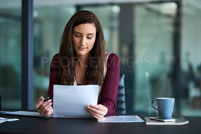 Buy stock photo Contract, reading and business woman in office with pen for job promotion, onboarding or recruitment. Paperwork, career and female financial advisor with signature for company insurance document.