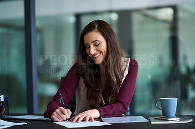 Buy stock photo Happy, woman and writing notes in office for admin, brainstorming and planning schedule for internship. Paperwork, documents and girl at desk for creating, project and business report for company