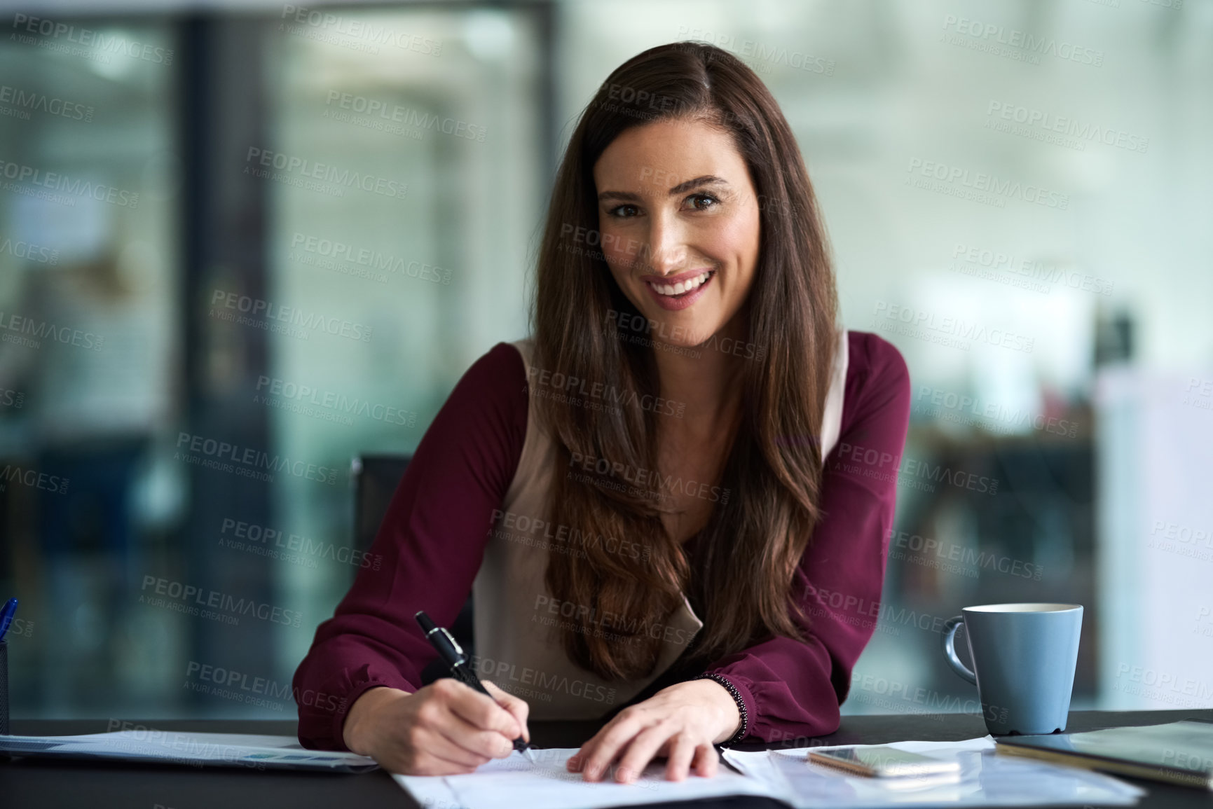 Buy stock photo Contract, writing and portrait of business woman in office with pen for job promotion, onboarding or recruitment. Paperwork, career and female financial advisor with signature for insurance document.