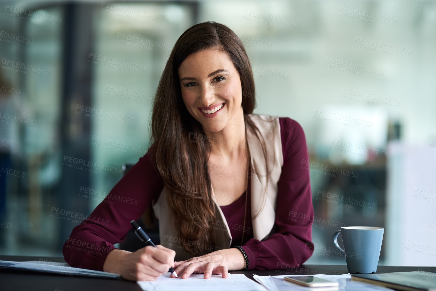 Buy stock photo Document, writing and portrait of business woman in office with pen for job promotion, onboarding or recruitment. Paperwork, career and female financial advisor with signature for insurance contract.
